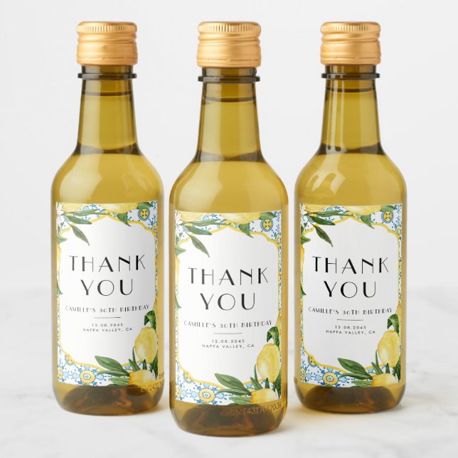 Étiquettes Pour Bouteilles De Vin Aquarelle Citron Méditerranée Merci d'anniversaire (Bouteilles)
