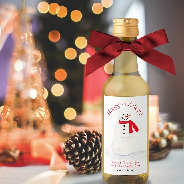 Étiquettes Pour Bouteilles De Vin Aquarelle Snowman Joyeux Vacances Mini Noël (In Situ with Bow)