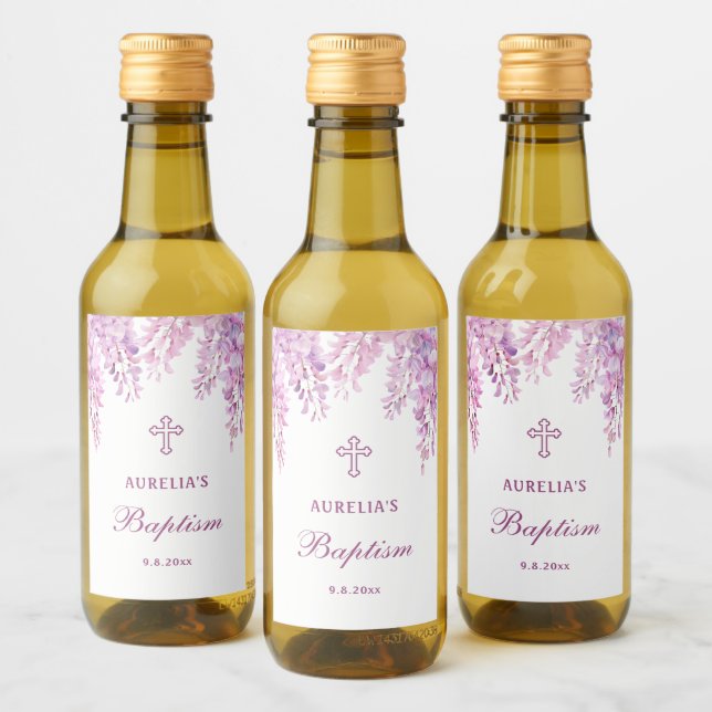 Étiquettes Pour Bouteilles De Vin Baptême petite Wisteria rose (Bouteilles)