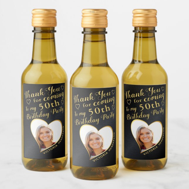 Étiquettes Pour Bouteilles De Vin Black and Gold 50th Birthday Photo Merci (Bouteilles)