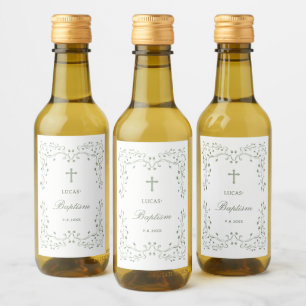 Étiquettes Pour Bouteilles De Vin Cadre de feuillage vert sauge Baptême Petit