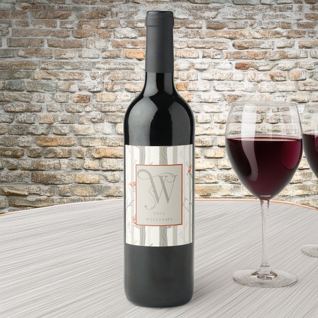 Étiquettes Pour Bouteilles De Vin Cardinaux amusants dans les bouleaux Monogramme W  (CELEBRATE WITH PERSONALIZED WINE LABELS)