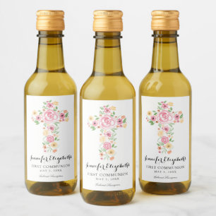 Étiquettes Pour Bouteilles De Vin Croix rose de l'aquarelle Fleur première communion