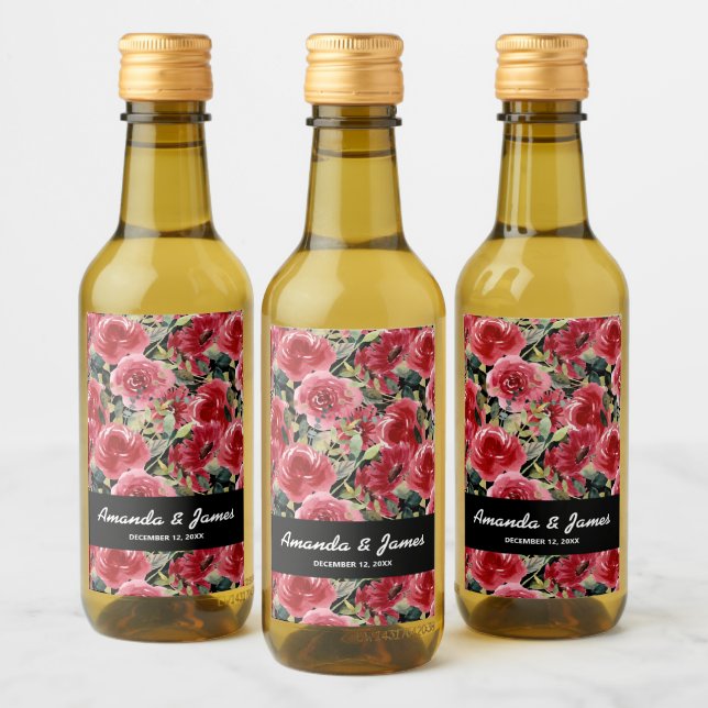 Étiquettes Pour Bouteilles De Vin Elégant Aquarelle Fleurs rouges Mariage noir Mini (Bouteilles)