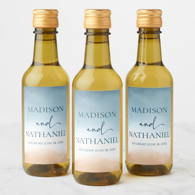 Étiquettes Pour Bouteilles De Vin Elégant Blue Ocean Beach Mariage de sable (Bouteilles)
