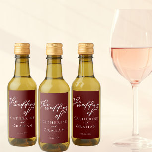 Étiquettes Pour Bouteilles De Vin Élégant Burgundy Script Mariage personnalisé Mini