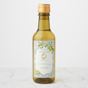 Étiquettes Pour Bouteilles De Vin Élégant Mariage citron en carrelage bleu italien