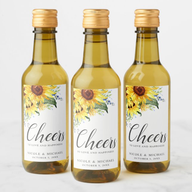 Étiquettes Pour Bouteilles De Vin Elégante aquarelle tournesols Mariage personnalisé (Bouteilles)