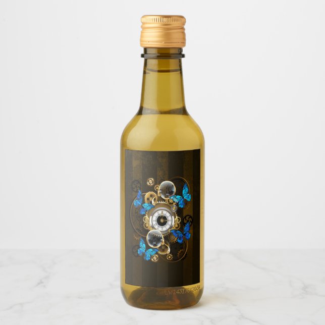 Étiquettes Pour Bouteilles De Vin Engrenages à vapeur et papillons bleus (Devant)