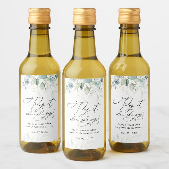 Étiquettes Pour Bouteilles De Vin Eucalyptus Pop quand elle pop Baby shower (Bouteilles)
