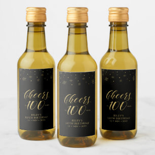 Étiquettes Pour Bouteilles De Vin Fête d'anniversaire de 100 ans Gold & Black Cheers