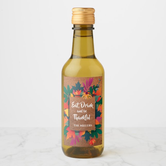 Étiquettes Pour Bouteilles De Vin Feuilles d'automne de Thanksgiving sur cuir (Devant)