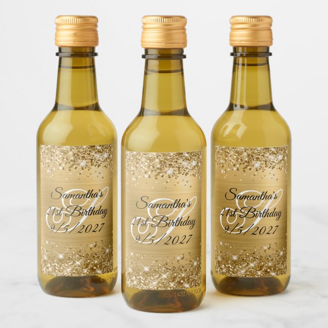 Étiquettes Pour Bouteilles De Vin Glittery Gold Glam Monogramme 21e anniversaire (Bouteilles)