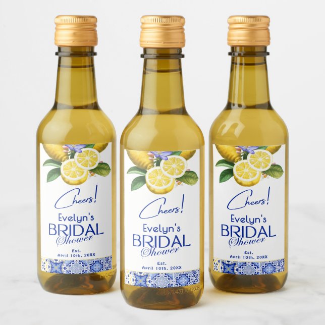 Étiquettes Pour Bouteilles De Vin Italian Mosaic Blue Tile & Lemons Bridal Shower (Bouteilles)