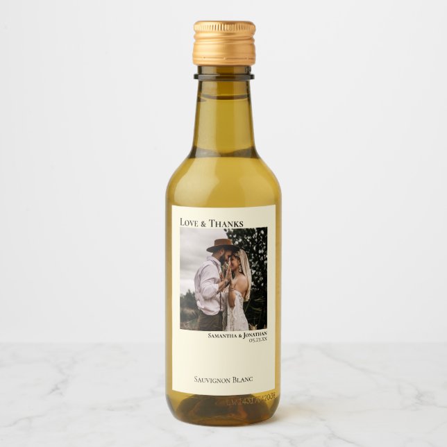 Étiquettes Pour Bouteilles De Vin Ivoire Cream Mariage Photo Love & Thanks Mini (Devant)