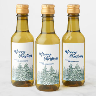 Étiquettes Pour Bouteilles De Vin Joyeux Noël arbres forêt Aquarelle script