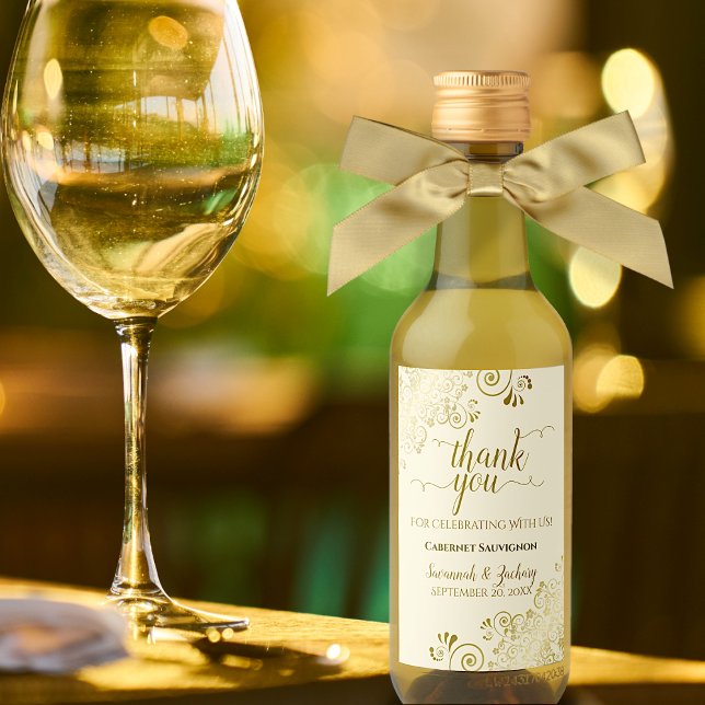 Étiquettes Pour Bouteilles De Vin Lacy Gold sur Crème Mariage Merci Mini (Créateur téléchargé)