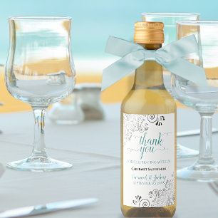Étiquettes Pour Bouteilles De Vin Lacy Silver et Turquoise sur le Merci Mariage blan