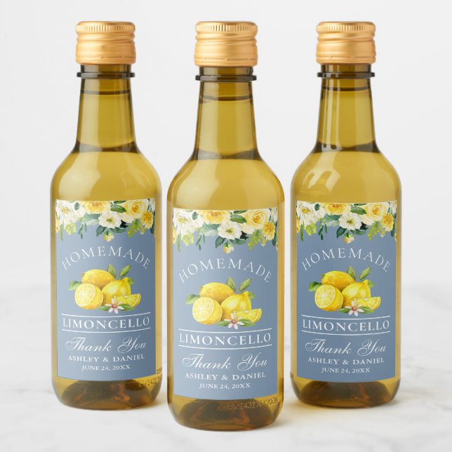 Étiquettes Pour Bouteilles De Vin Limoncello Lemons Floral Dusty Blue Mini (Bouteilles)