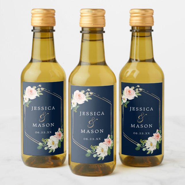 Étiquettes Pour Bouteilles De Vin Mariage bleu bleu or Blush Mini Étiquettes de vin (Bouteilles)