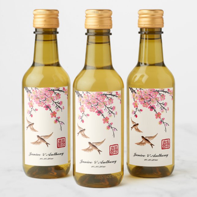 Étiquettes Pour Bouteilles De Vin Mariage chinois d'encre peignant fleurs et oiseaux (Bouteilles)