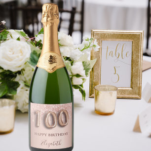 Étiquettes Pour Bouteilles De Vin Mousseux 100e anniversaire rose or parties scintillant rose