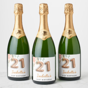 Étiquettes Pour Bouteilles De Vin Mousseux 21e anniversaire floral rose or eucalyptus monogra