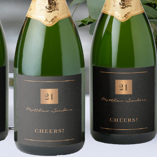 Étiquettes Pour Bouteilles De Vin Mousseux 21e anniversaire noir or sobre élégante acclamatio