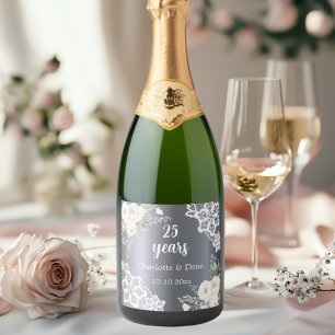 Étiquettes Pour Bouteilles De Vin Mousseux 25e anniversaire du mariage floraux d'argent