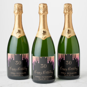 Étiquettes Pour Bouteilles De Vin Mousseux 30e anniversaire fête noir gouttes roses