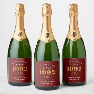 Étiquettes Pour Bouteilles De Vin Mousseux 30e anniversaire Nom 1992 Red Gold Elegant Chic
