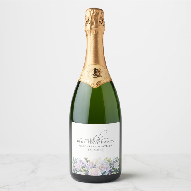 Étiquettes Pour Bouteilles De Vin Mousseux 30e fête d'anniversaire Rose blanche Blue Floral C (Devant)
