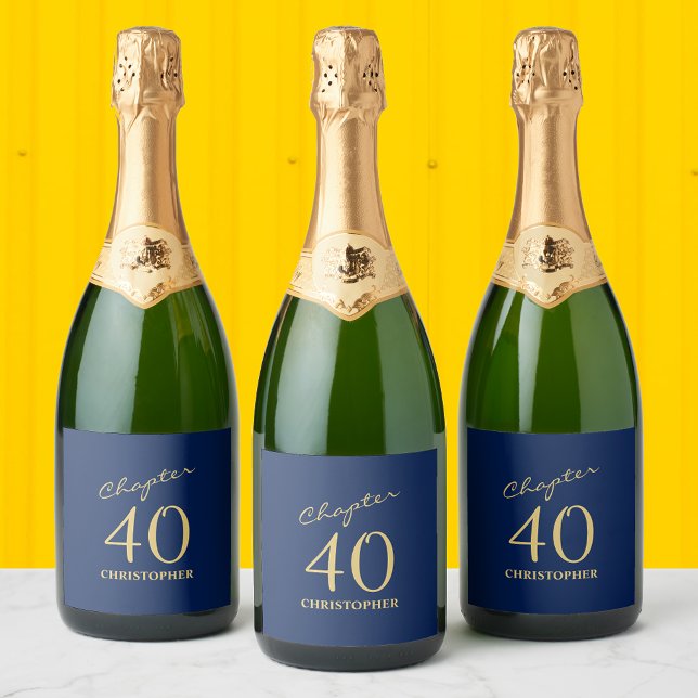 Étiquettes Pour Bouteilles De Vin Mousseux 40e anniversaire Blue Gold Chapitre 40 (Personalized 40th birthday sparkling wine / champagne labels for that special party touch)