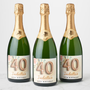 Étiquettes Pour Bouteilles De Vin Mousseux 40e anniversaire fleuri rose or eucalyptus nom