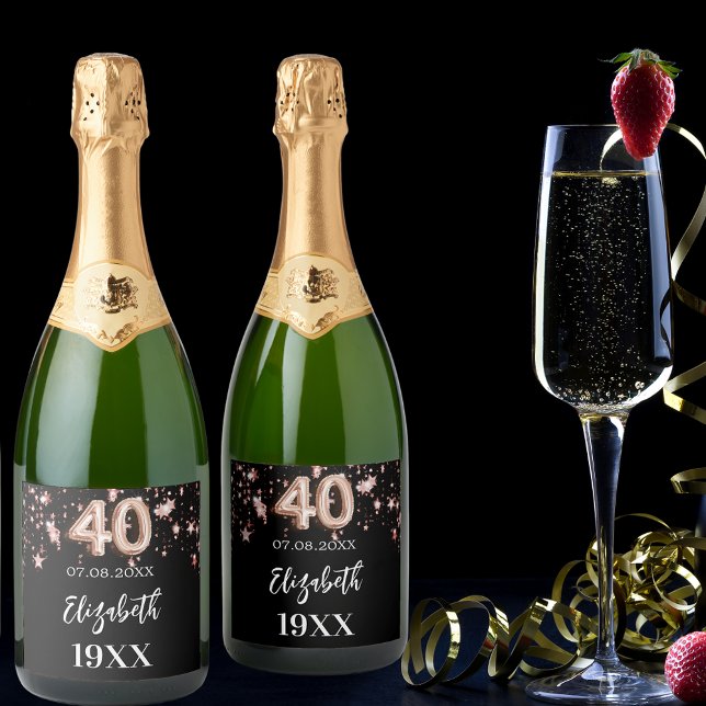 Étiquettes Pour Bouteilles De Vin Mousseux 40e anniversaire noir rose étoiles d'or (Créateur téléchargé)