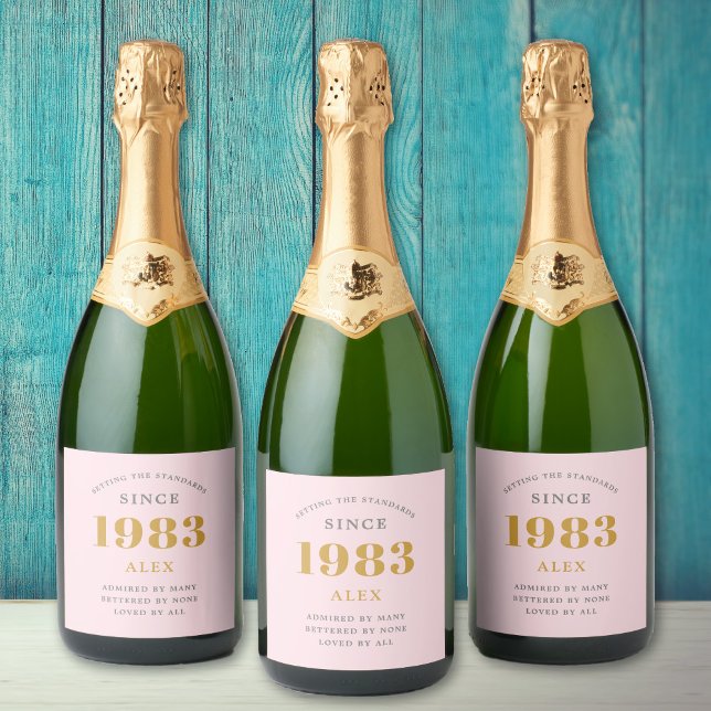 Étiquettes Pour Bouteilles De Vin Mousseux 40e anniversaire Nom 1983 Rose Grey Elegant Chic (Créateur téléchargé)
