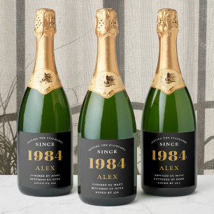 Étiquettes Pour Bouteilles De Vin Mousseux 40e anniversaire Nom 1984 Black Gold Elegant Chic