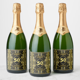 Étiquettes Pour Bouteilles De Vin Mousseux 50e anniversaire Art Déco Gold Black Great Gatsby