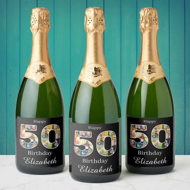 Étiquettes Pour Bouteilles De Vin Mousseux 50e anniversaire Créez votre propre photo multipho (50th birthday sparkling wine labels with photo collage.)