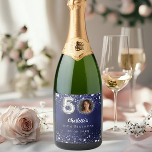 Étiquettes Pour Bouteilles De Vin Mousseux 50e anniversaire marine bleu argent étoiles photo