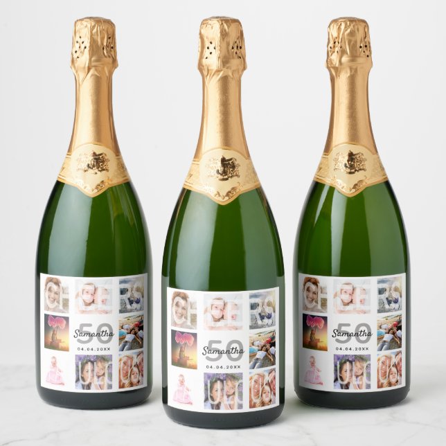 Étiquettes Pour Bouteilles De Vin Mousseux 50e anniversaire photo collage nom acclamé (Bouteilles)