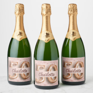 Étiquettes Pour Bouteilles De Vin Mousseux 50e anniversaire rose or parties scintillant monog