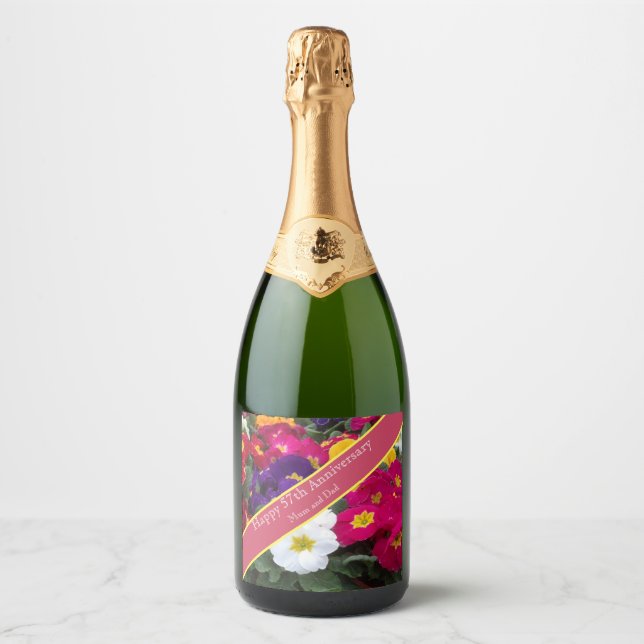 Étiquettes Pour Bouteilles De Vin Mousseux 57e anniversaire du Mariage Polyanthus coloré (Devant)