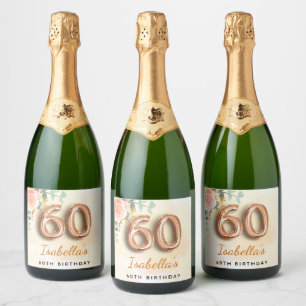 Étiquettes Pour Bouteilles De Vin Mousseux 60e anniversaire fleuri rose or eucalyptus nom
