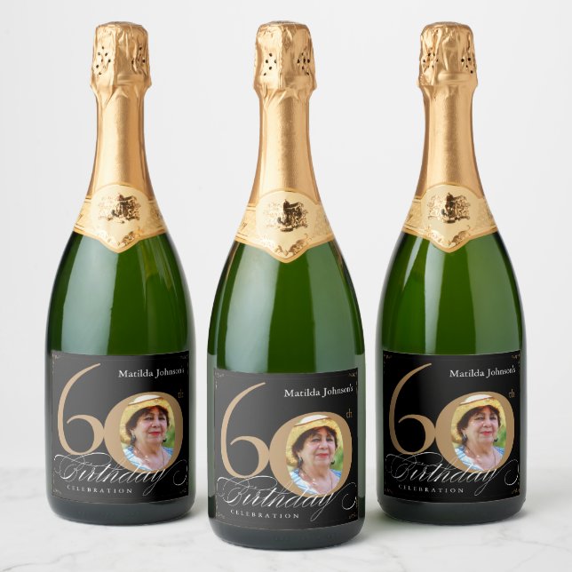 Étiquettes Pour Bouteilles De Vin Mousseux 60e anniversaire Gold Black Calligraphy Elégante P (Bouteilles)