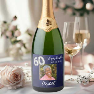 Étiquettes Pour Bouteilles De Vin Mousseux 60e anniversaire marine photo bleue