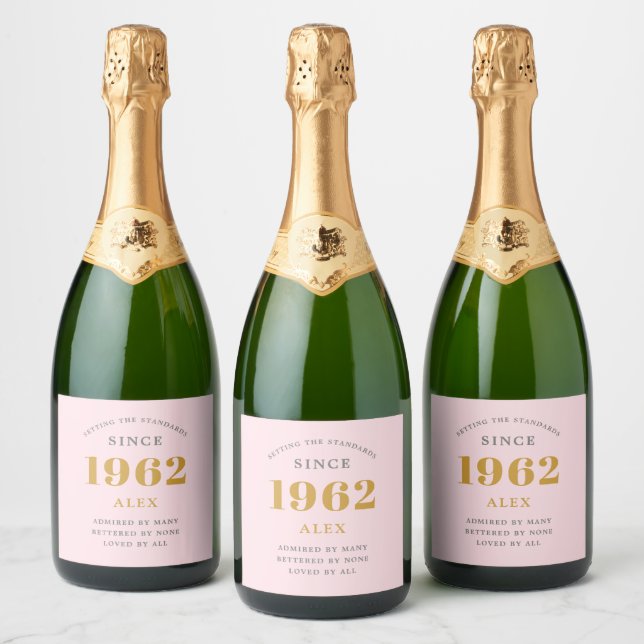 Étiquettes Pour Bouteilles De Vin Mousseux 60e anniversaire Nom 1962 Rose Grey Elegant Chic (Bouteilles)