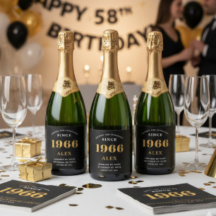 Étiquettes Pour Bouteilles De Vin Mousseux 60e anniversaire Nom 1966 Black Gold Elegant Chic