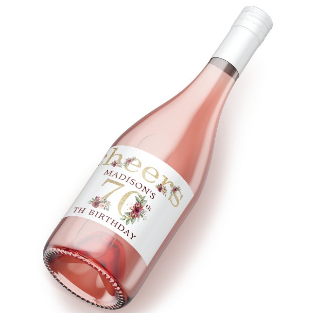 Étiquettes Pour Bouteilles De Vin Mousseux 70e anniversaire Personnalisé Gold Floral (Créateur téléchargé)