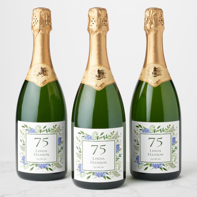 Étiquettes Pour Bouteilles De Vin Mousseux 75e anniversaire Blue Hydrangeas (Bouteilles)